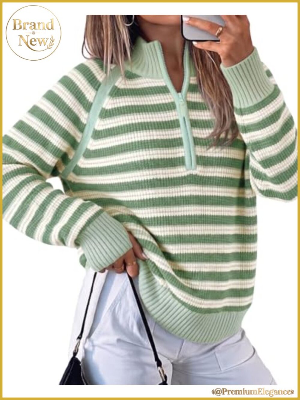 Half Zip Striped Pullover Sweater Women Ribbed Knit Oversized Long Sleeve Thumb